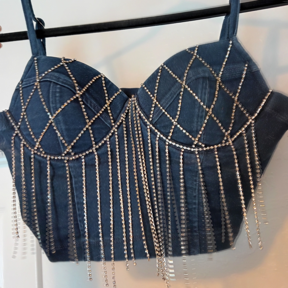 Haute Monde Denim Rhinestone Chain Fringe Bustier Crop Top Medium